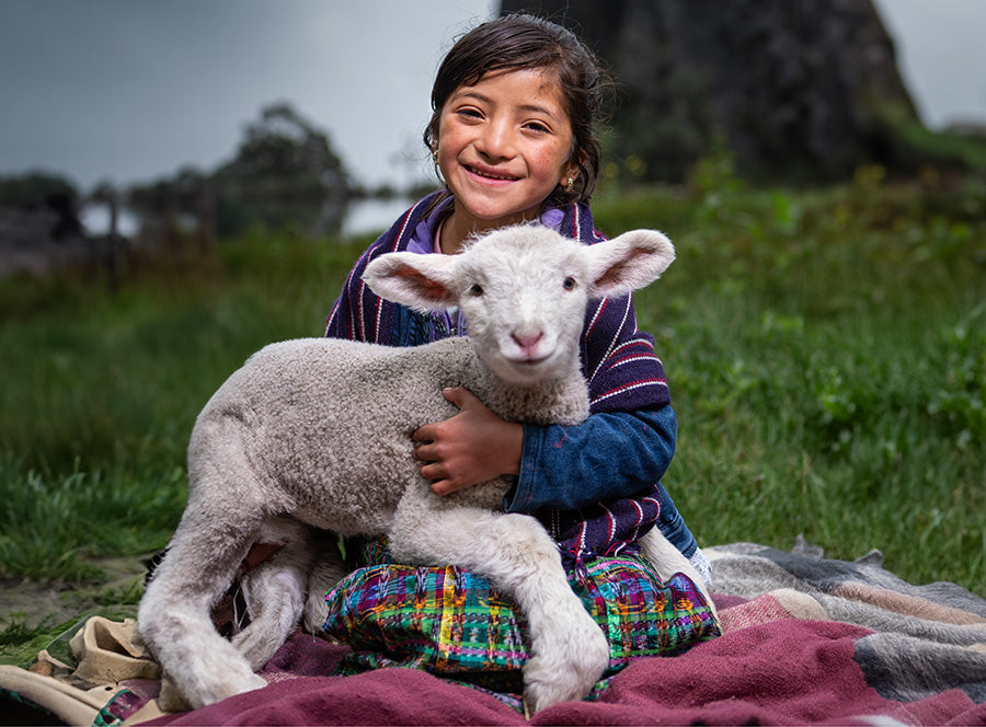 A little girl smiles as she holds a sheep in her arms.