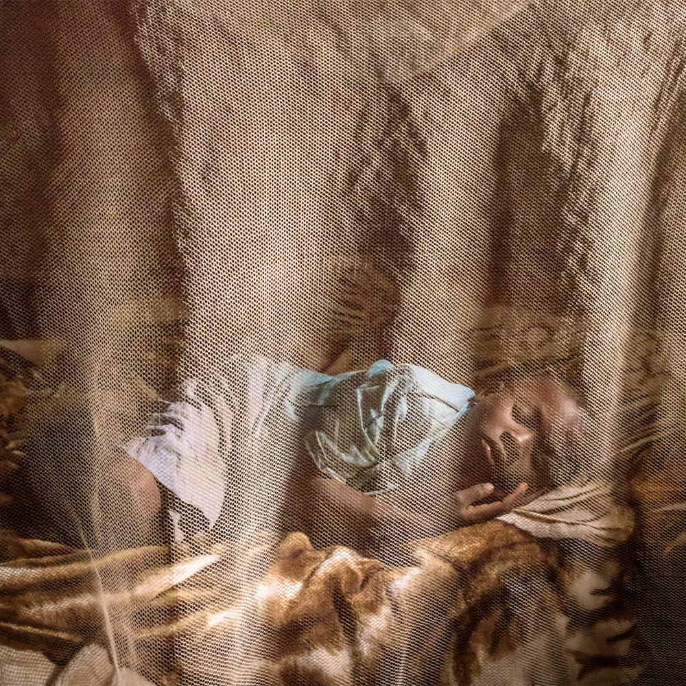 A young boy sleeps behind a mosquito net.