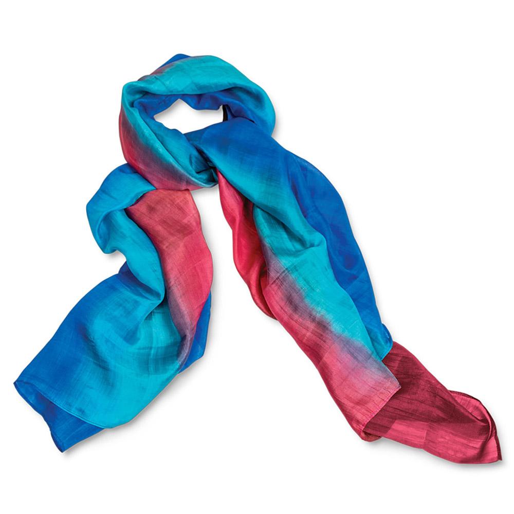 A silk scarf with several shades of blue and red.