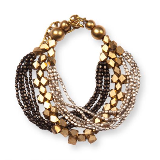 A beaded bracelet with several strings