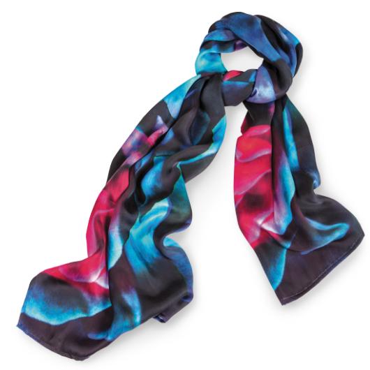 A multicolour satin scarf with shades of blue and pink.